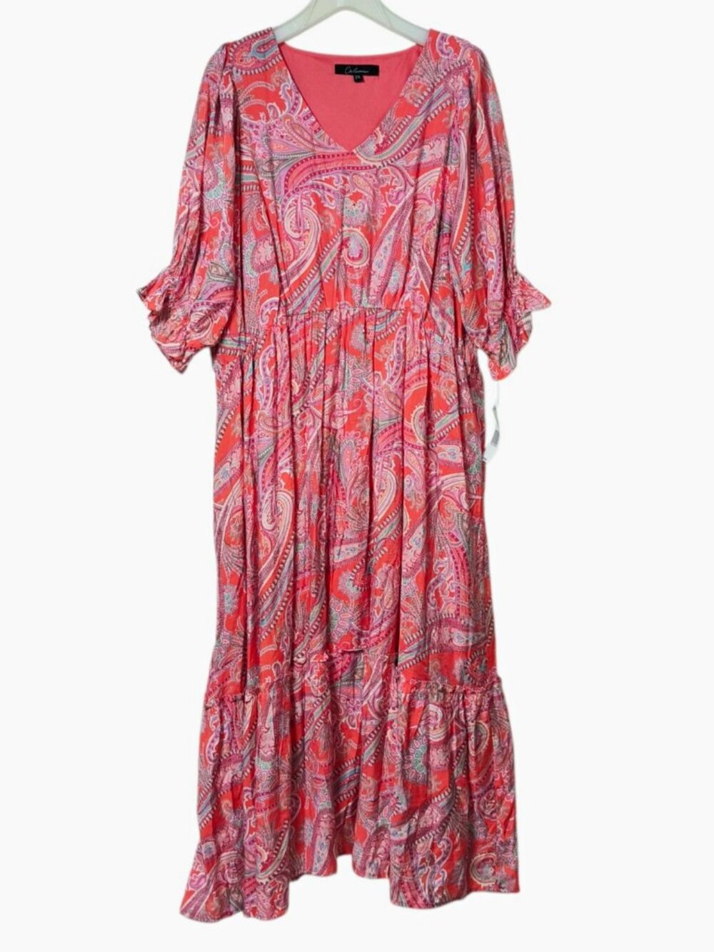Caleo Womens 2X Maxi Dress Paisley Pink Multi V Neck Tiered Ruffle NWT $99